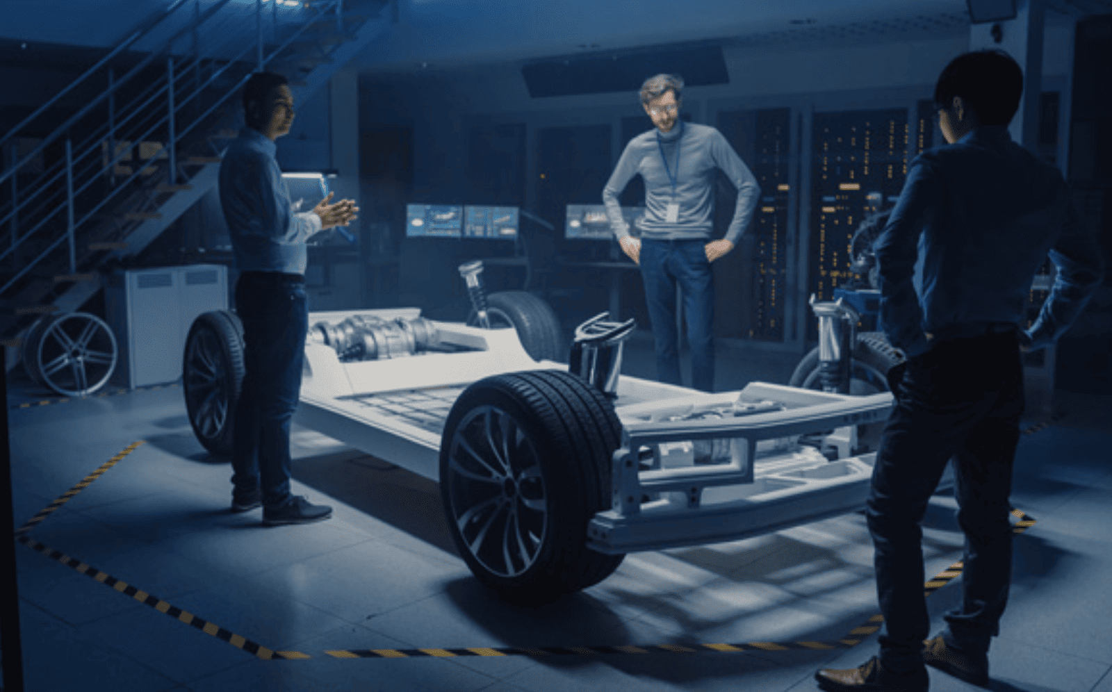 Three men stand around lower body of vehicle with wheels attached in production facility