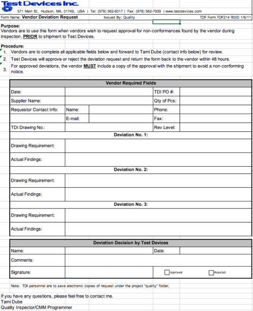 TDF214 Vendor Deviation Request
