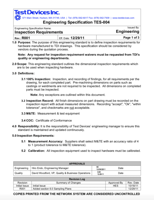 TES-004 Inspection Requirements R001