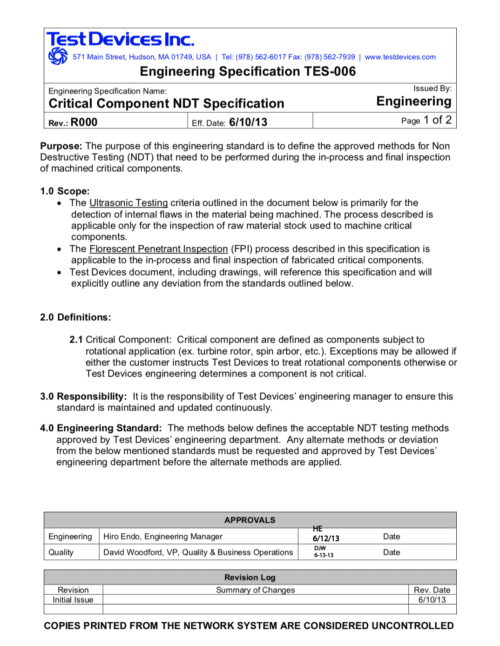 TES-006 Critical Component NDT Specification R000