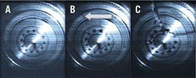 Figure 6 - Diesel flywheel burst daptured with high-speed video (A: Test article during normal spin, B: Initial crack formation, C: Test article burst)